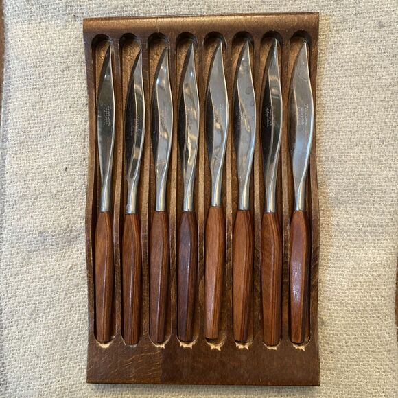 Town & Country MCM Washington Forge 8 Fleetwood Handle Steak knife set Wood Tray - Picture 1 of 6